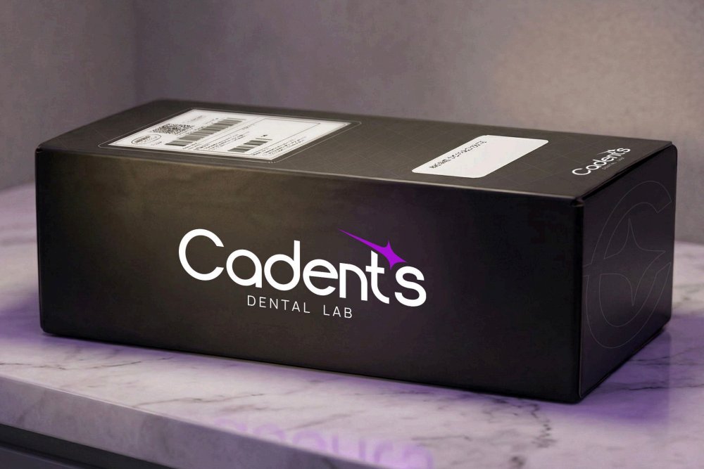 Caixa preta da Cadent's Dental Lab com etiqueta de envio — entrega ao consultório